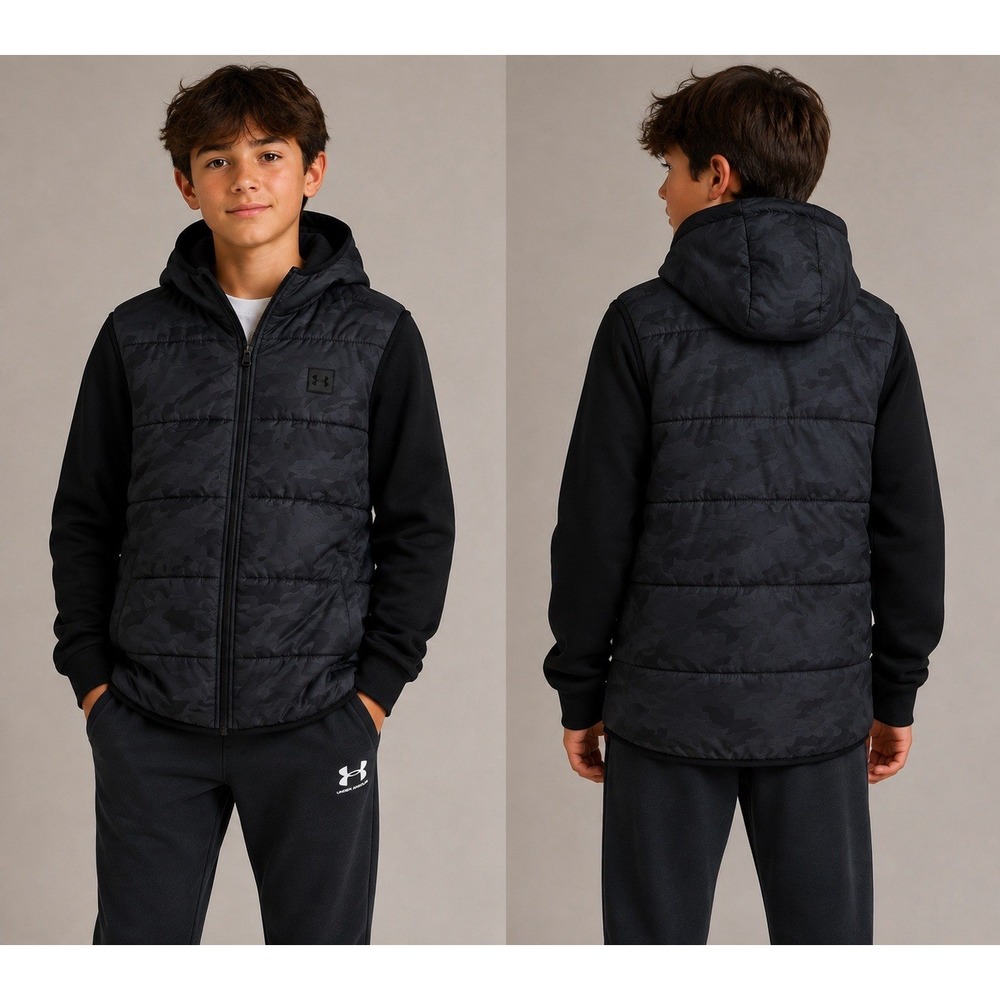 Under Armour Twofer Youth YXL Black Camo Full Zip Hooded Puffer Quilted Jacket